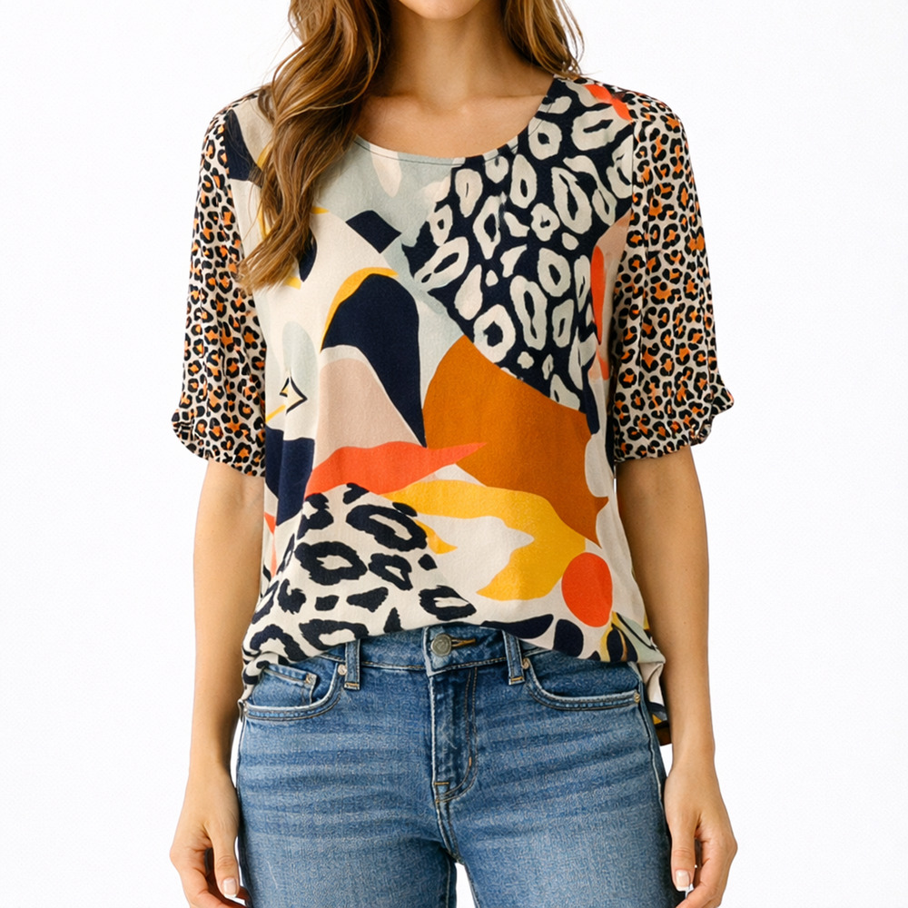 Anthropologie Conditions Apply Elsa Contrast Print Blouse Small Boho Mixed Print